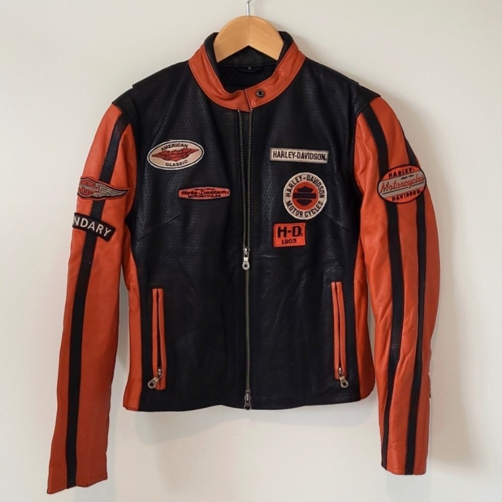 Harley-Davidson Black and Orange Leather Riding Jacket with Patches